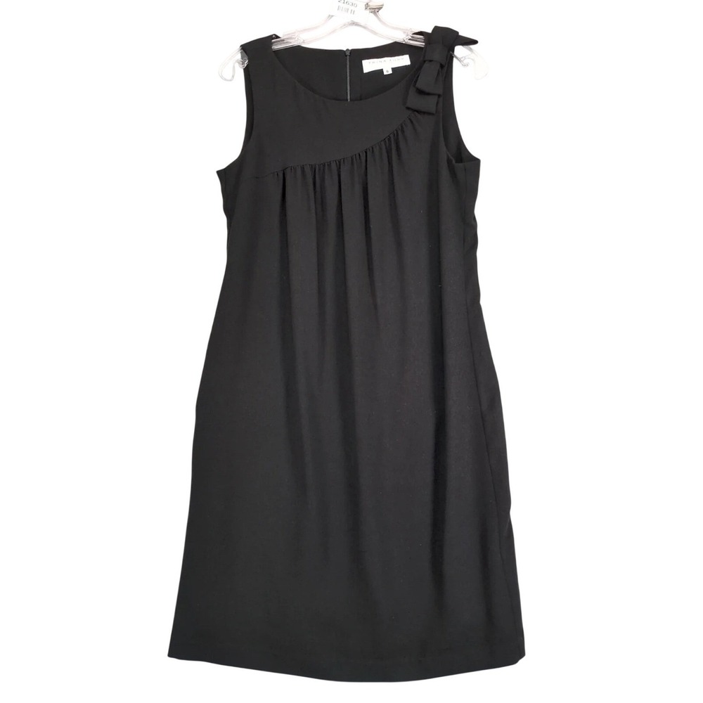 Trina Turk Black Bow Shoulder Shift‎ Midi Dress Sz 6 Made USA Quiet Luxury Retro
